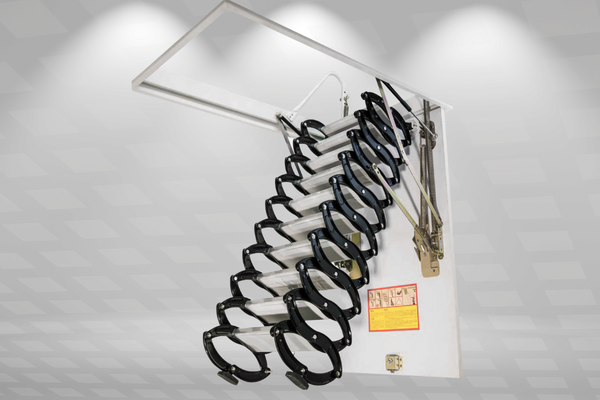 Retractable scissor attic ladder extended beneath an open ceiling hatch