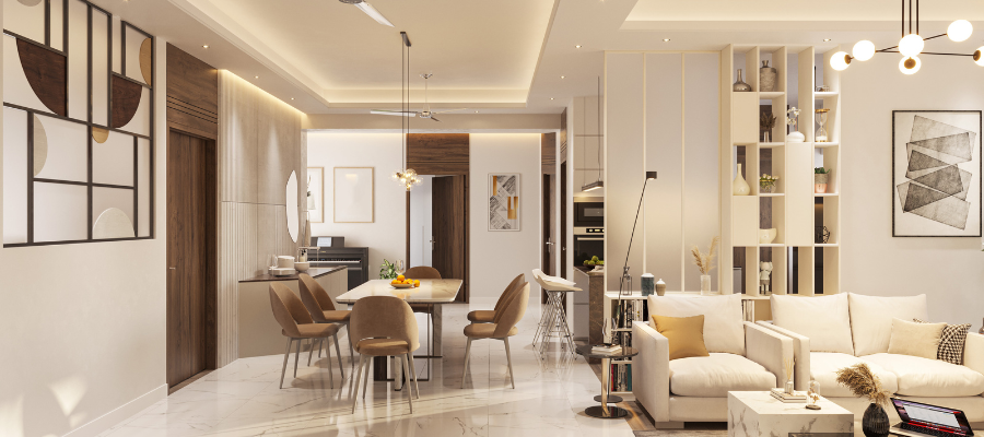 Open-plan living and dining room with built-in shelving and a white sofa